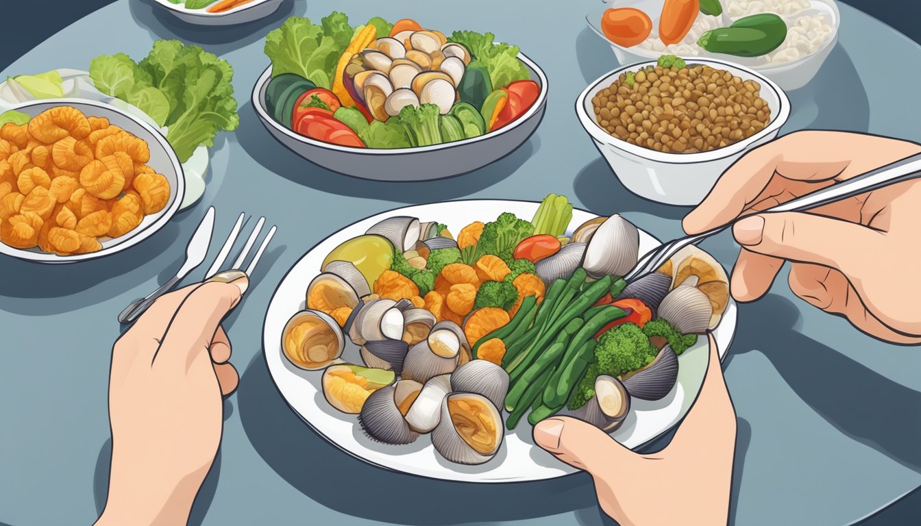 A diabetic person enjoying a meal of cockles with a variety of healthy, colorful vegetables on a plate