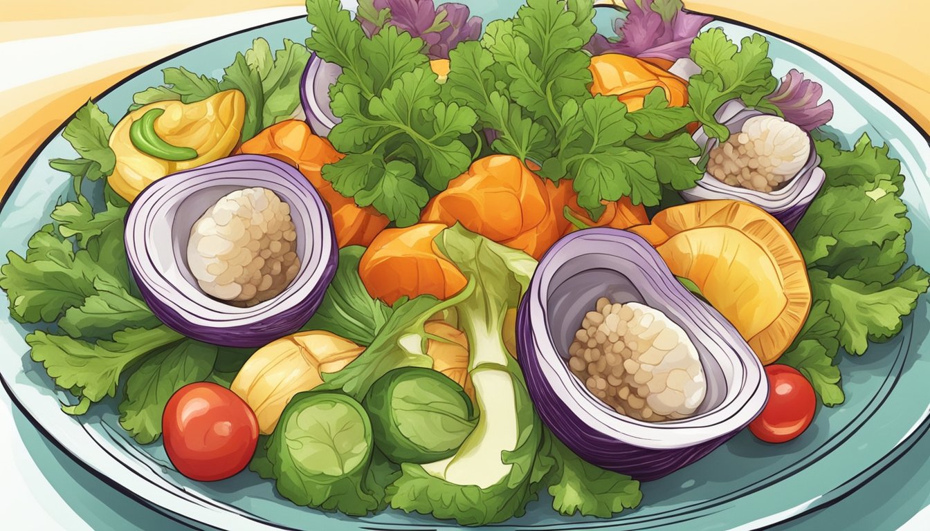 A colorful plate with a variety of fresh vegetables and a small portion of cooked cockles, arranged in an appealing and appetizing manner