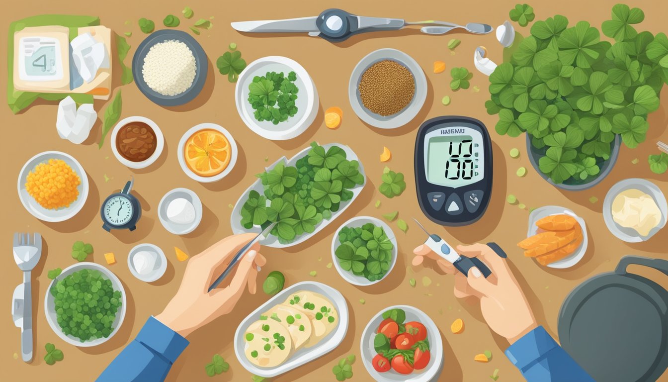 A person with diabetes carefully selecting and preparing a meal with fresh clover, surrounded by various healthy food options and a blood glucose monitor on the table