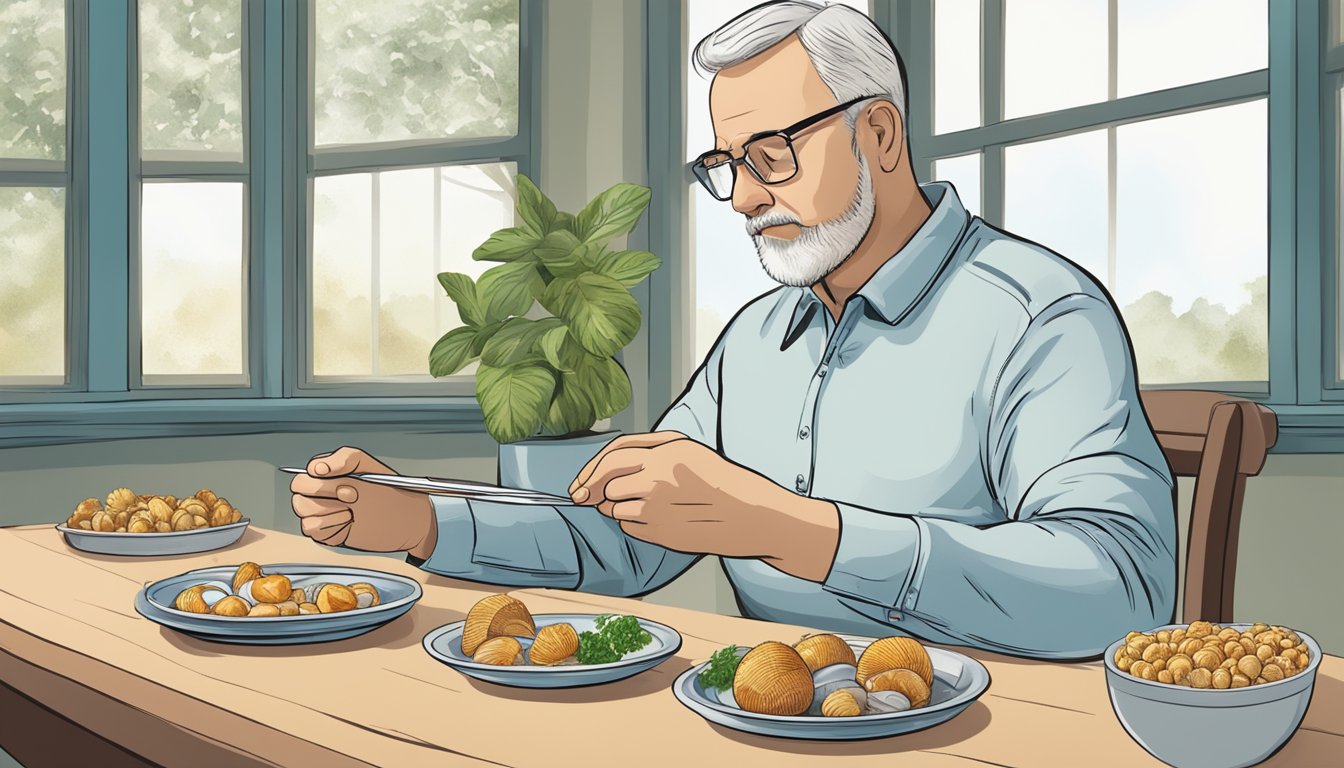 A diabetic person sitting at a table with a plate of cooked cockles, looking at a list of foods to consider for their health