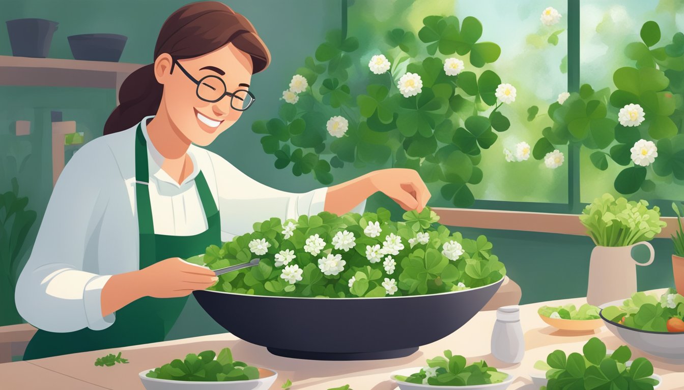 A diabetic person happily adding fresh clover to a salad, surrounded by vibrant green leaves and delicate white flowers