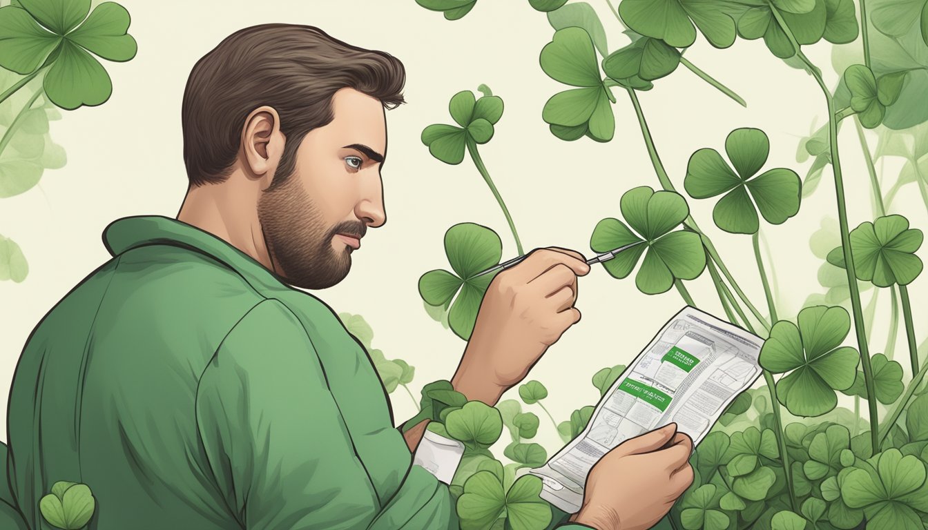 A diabetic carefully inspecting a patch of clover, with a concerned expression and a medical pamphlet in hand