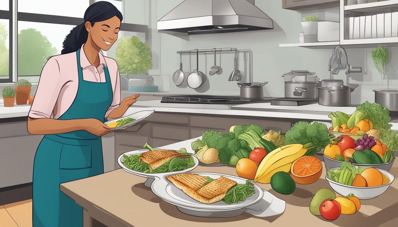 A dietician holding a plate of grilled cod, surrounded by various fruits, vegetables, and whole grains. A diabetes education poster is displayed in the background