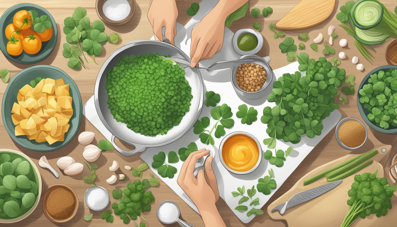 A diabetic person cooking with fresh clover, surrounded by various culinary tools and ingredients, with a focus on healthy food choices