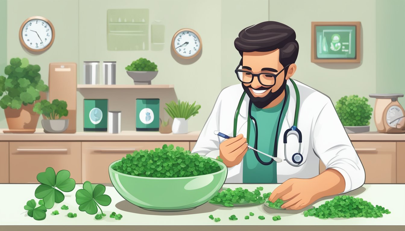 A diabetic person enjoying a bowl of fresh clover leaves, surrounded by images of healthy blood sugar levels and a doctor's approval