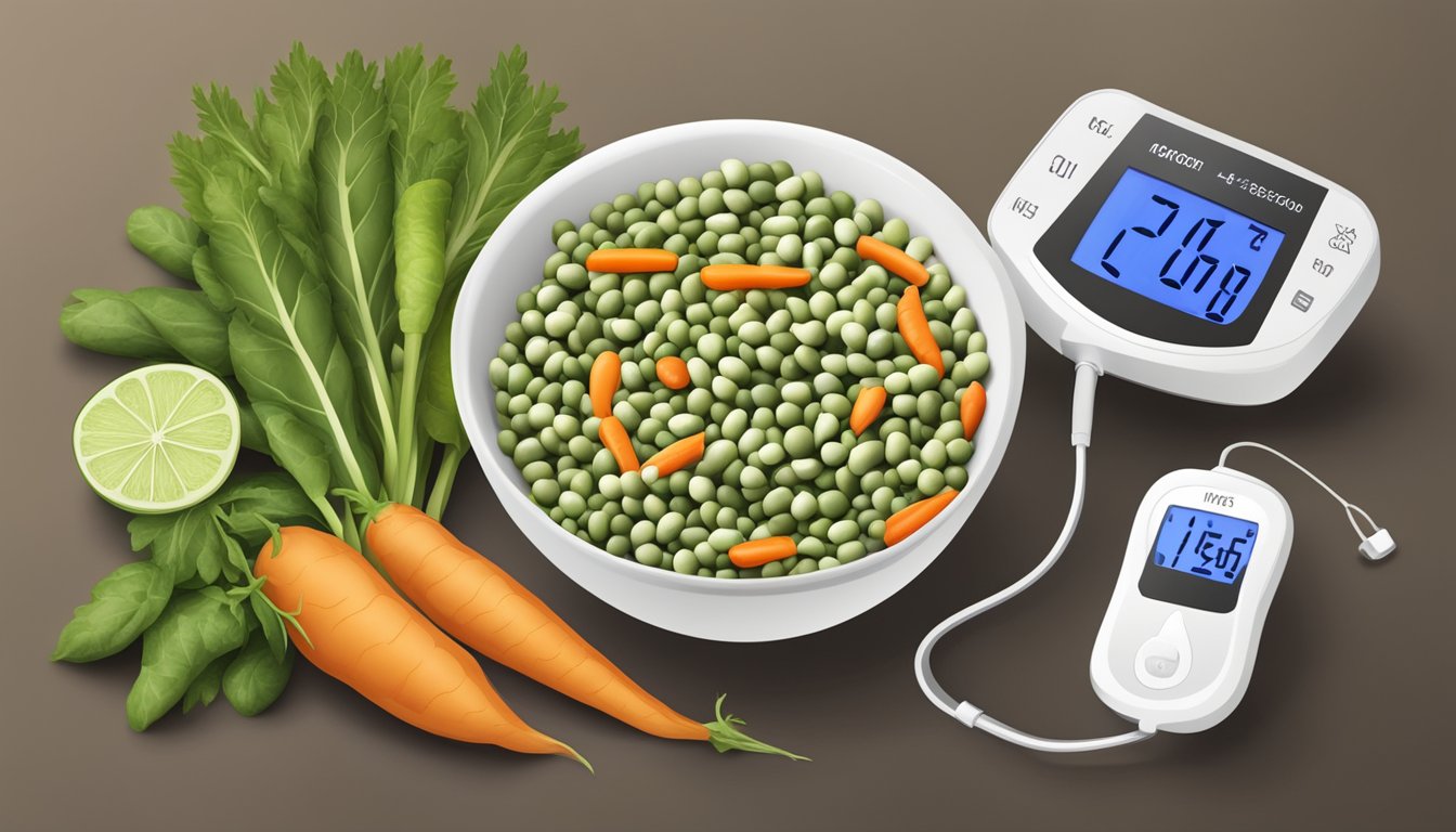 A bowl of cowpeas surrounded by various fresh vegetables and a blood sugar monitoring device