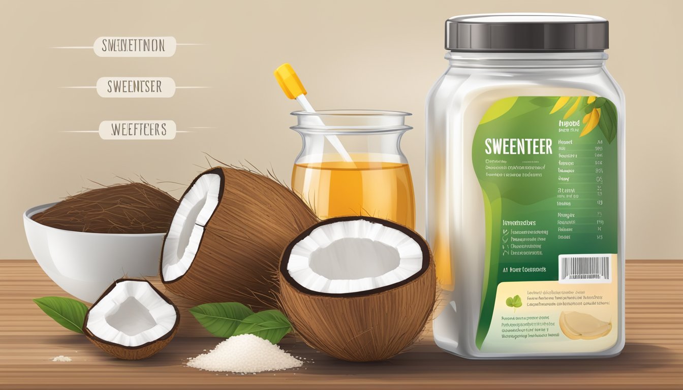 A table with various sweeteners, including coconut nectar, surrounded by nutritional information and a diabetic-friendly label