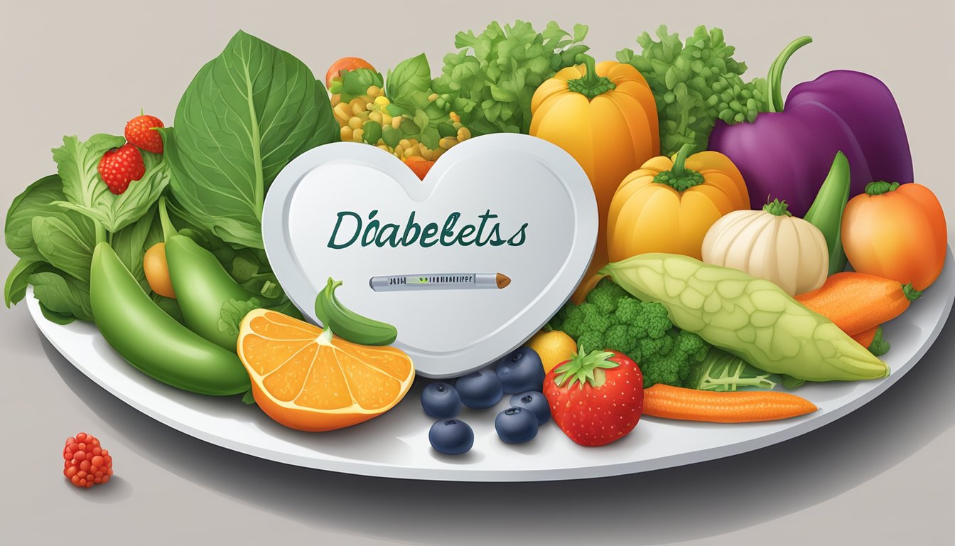 A plate of cowpeas surrounded by various fruits and vegetables, with a diabetes-friendly label and a heart symbol