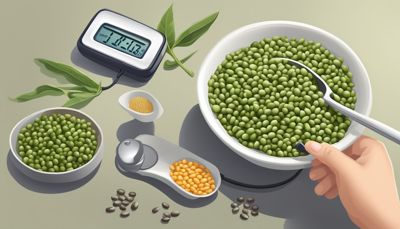 A diabetic person enjoying a bowl of cooked cowpeas, surrounded by fresh cowpeas and a blood sugar monitor