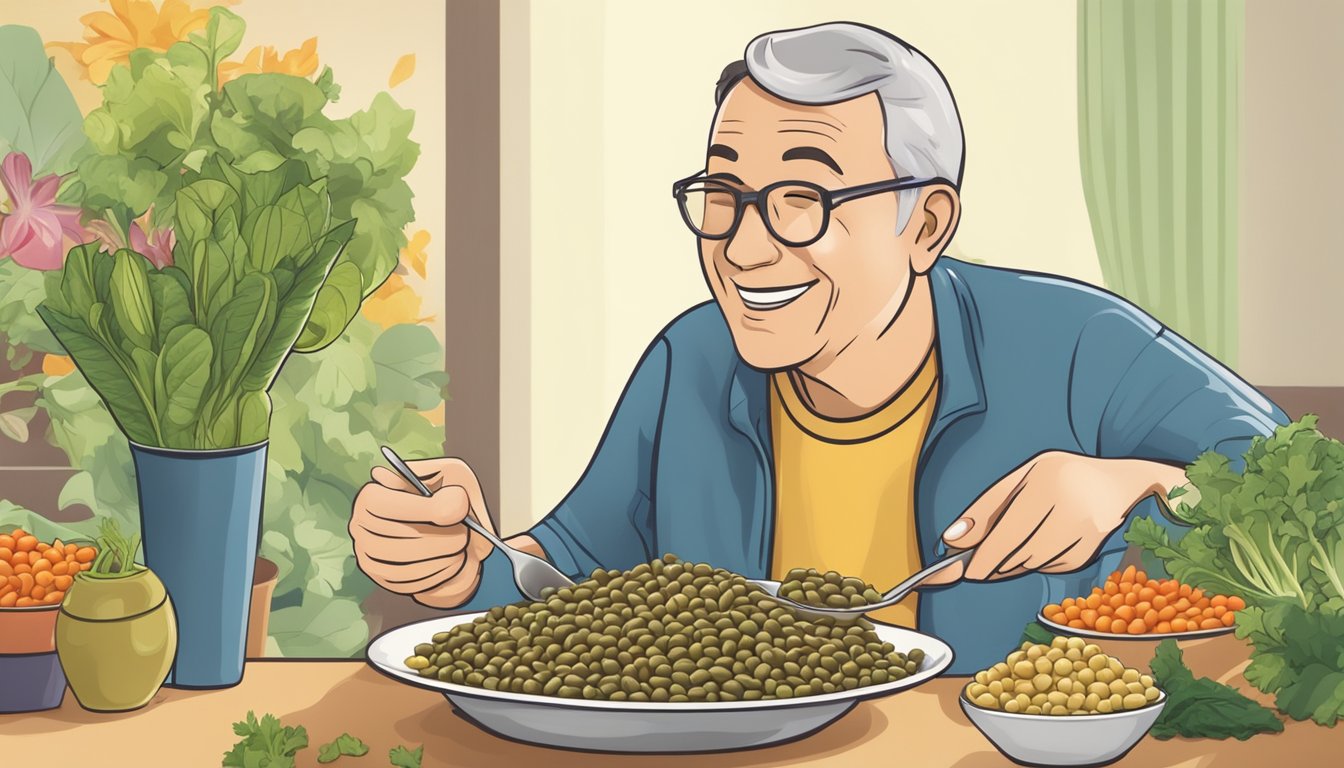 A diabetic person happily enjoying a bowl of cooked cowpeas with a variety of colorful vegetables on a plate