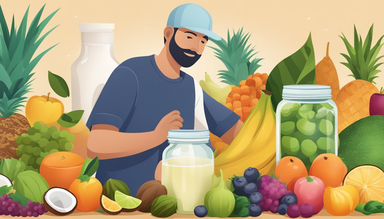 A diabetic person holding a jar of coconut nectar, surrounded by a variety of fresh fruits and vegetables