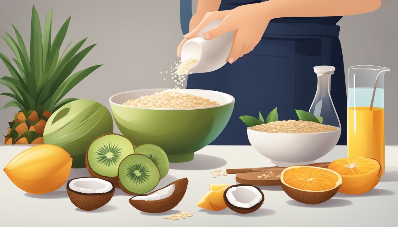 A person pouring coconut nectar into a bowl of oatmeal, surrounded by fresh fruits and a glucometer on the table