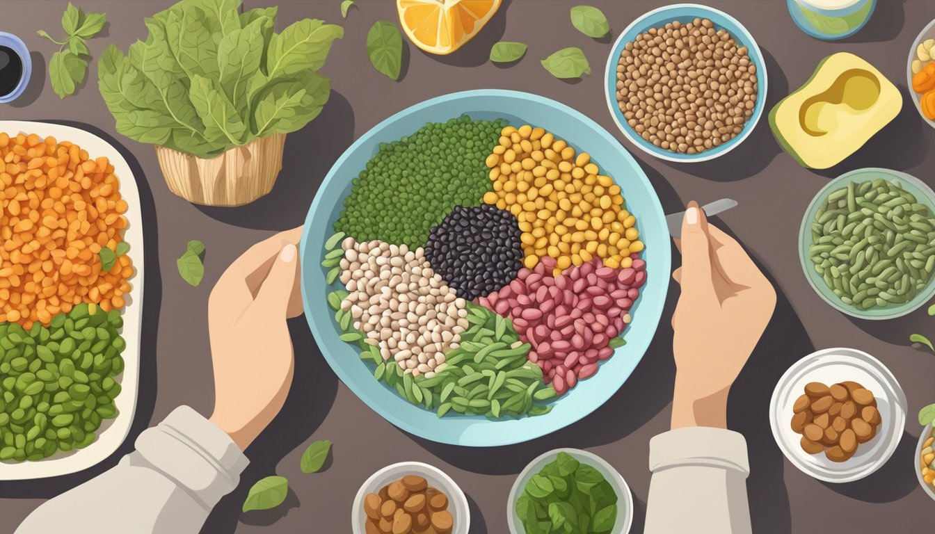 A colorful plate of cowpeas, surrounded by various diabetic-friendly foods. A person with diabetes is reading a nutrition label