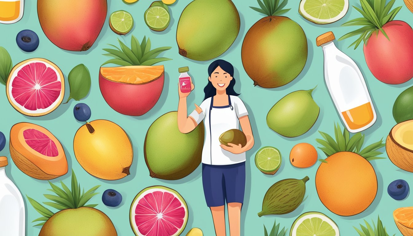 A diabetic person holding a bottle of coconut nectar, surrounded by various fruits and a nutritionist's chart