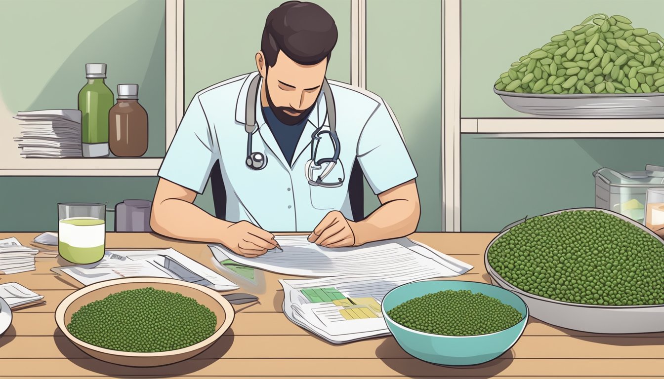 A diabetic person sitting at a table with a plate of cowpeas, surrounded by medical documents and a nutritionist's advice