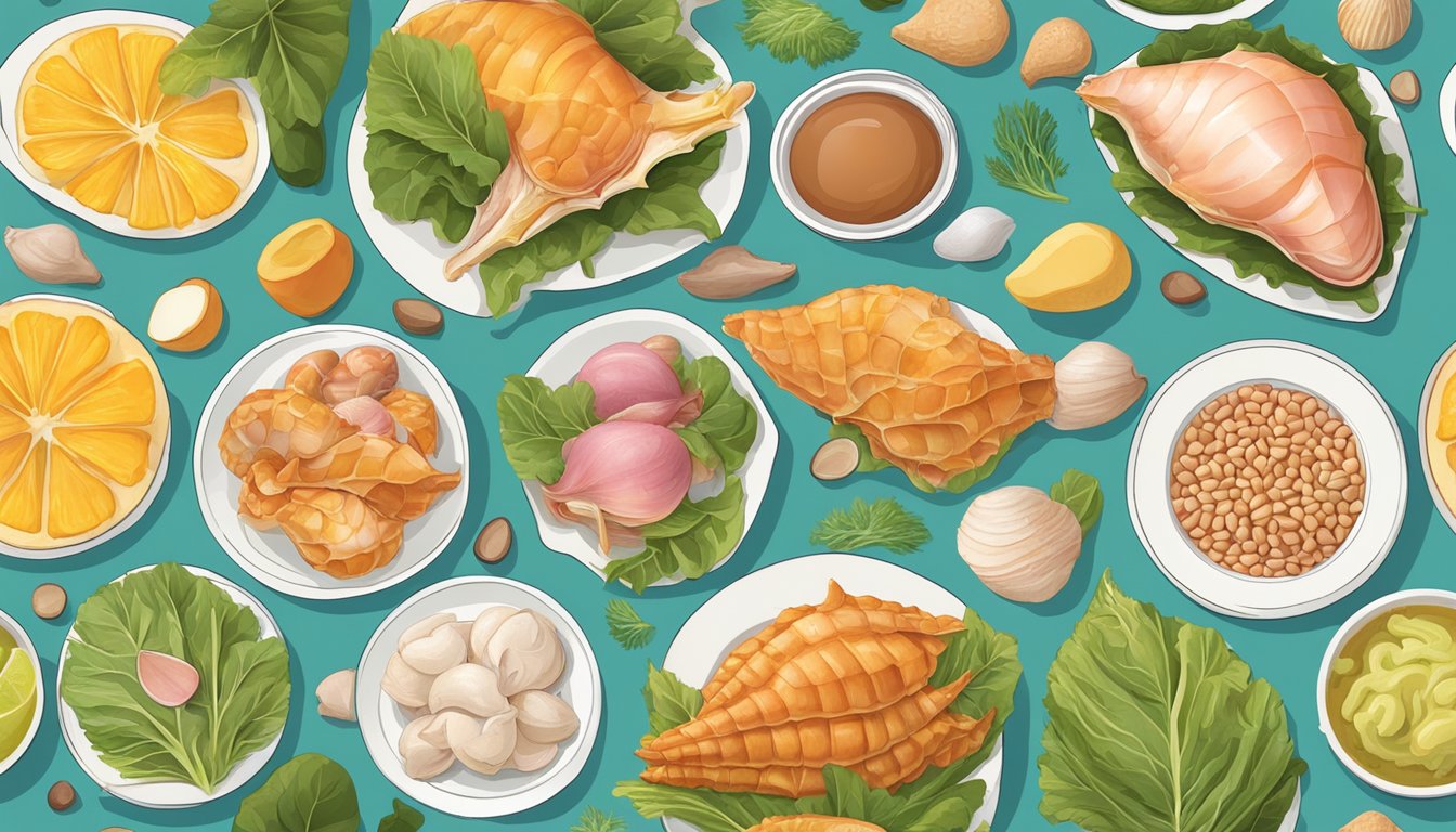 A colorful illustration of a variety of protein-rich foods, including conch, with a focus on their role in managing diabetes