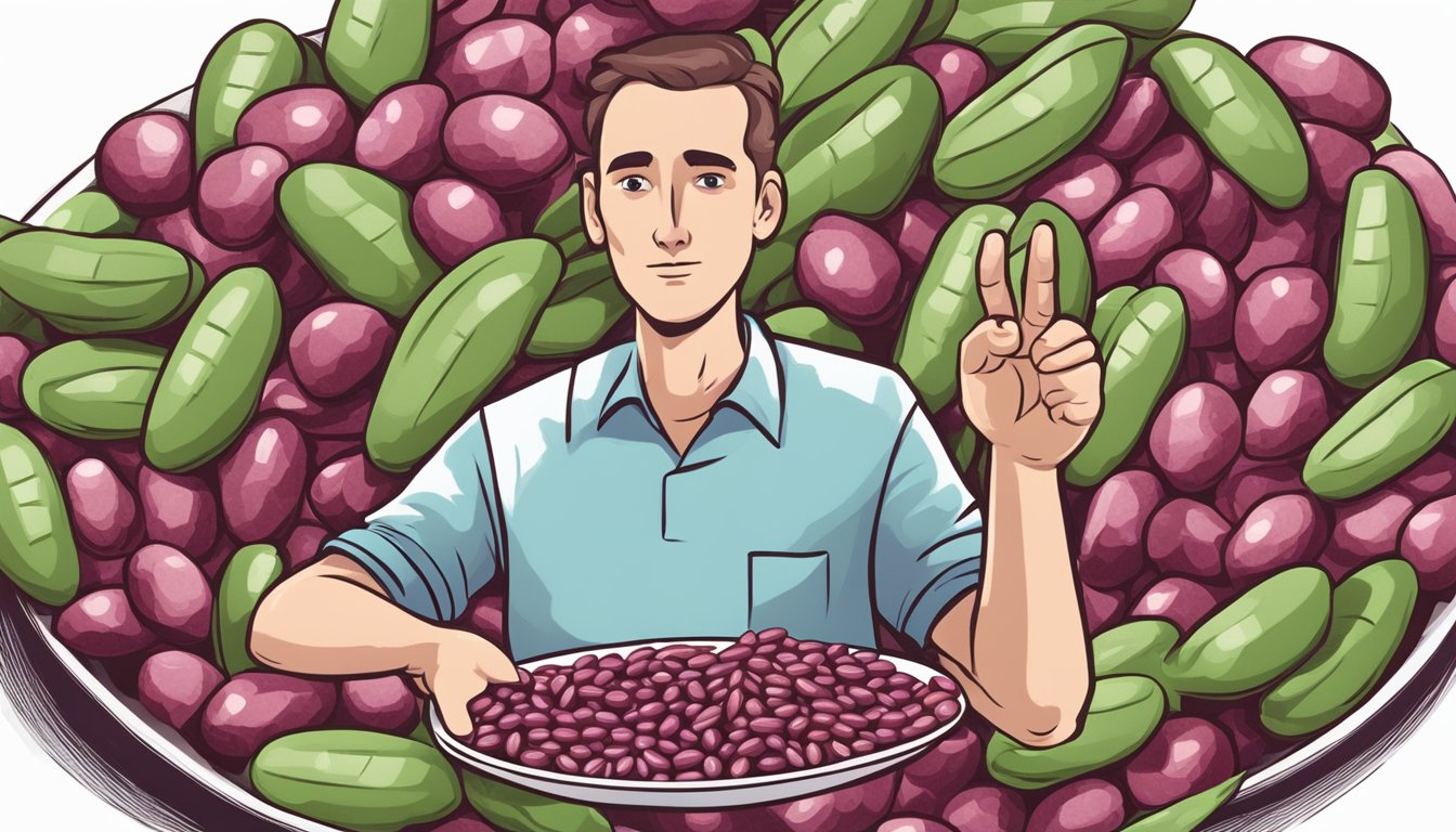 A diabetic holding a plate of cranberry beans, with a question mark above their head