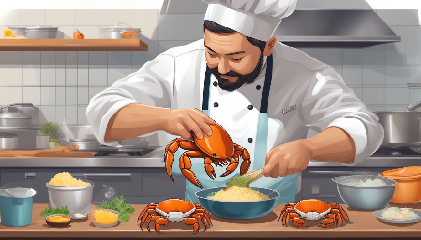 A chef carefully cleans and cracks open a crab, then prepares it for cooking with various seasonings and ingredients