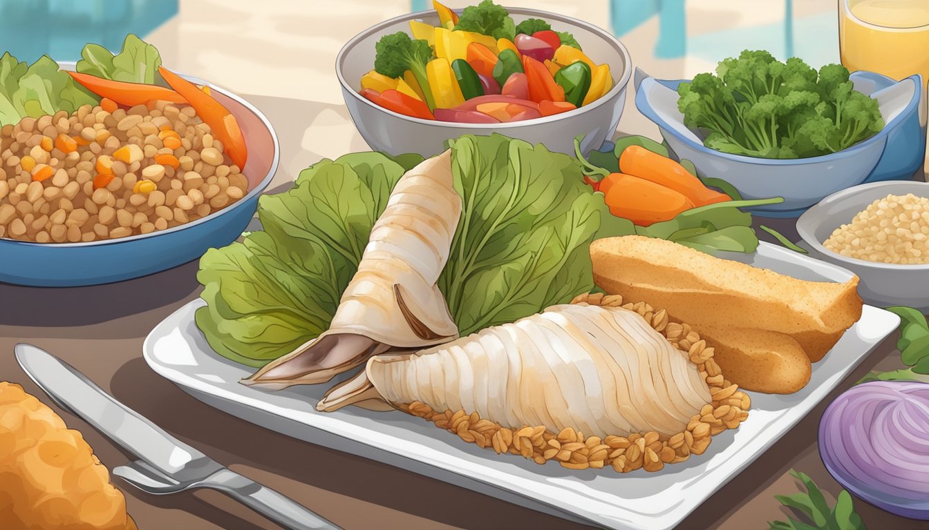 A plate of cooked conch with a variety of colorful vegetables and a side of whole grain bread