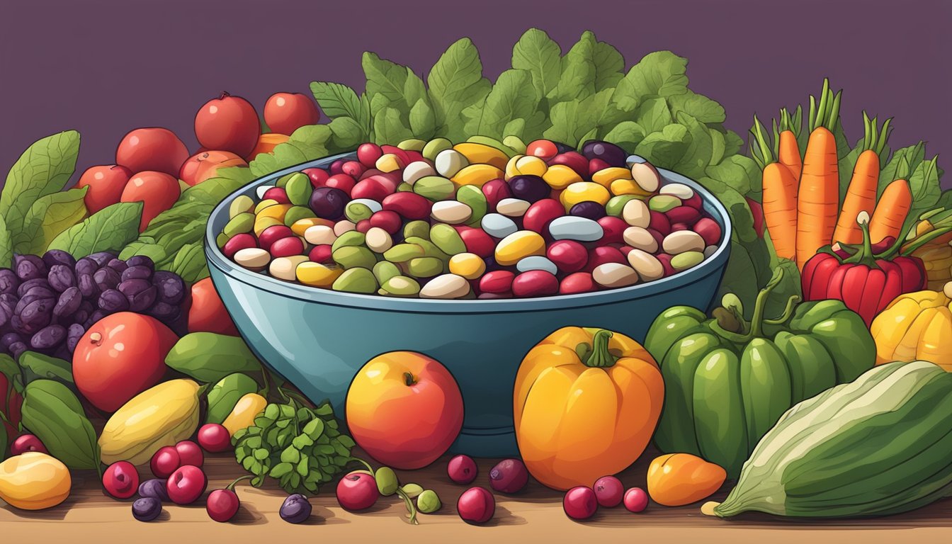 A bowl of cranberry beans surrounded by a variety of colorful fruits and vegetables, with a nutrition label displayed prominently