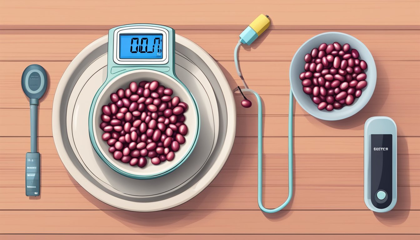 A colorful plate of cooked cranberry beans next to a blood sugar monitor showing stable levels