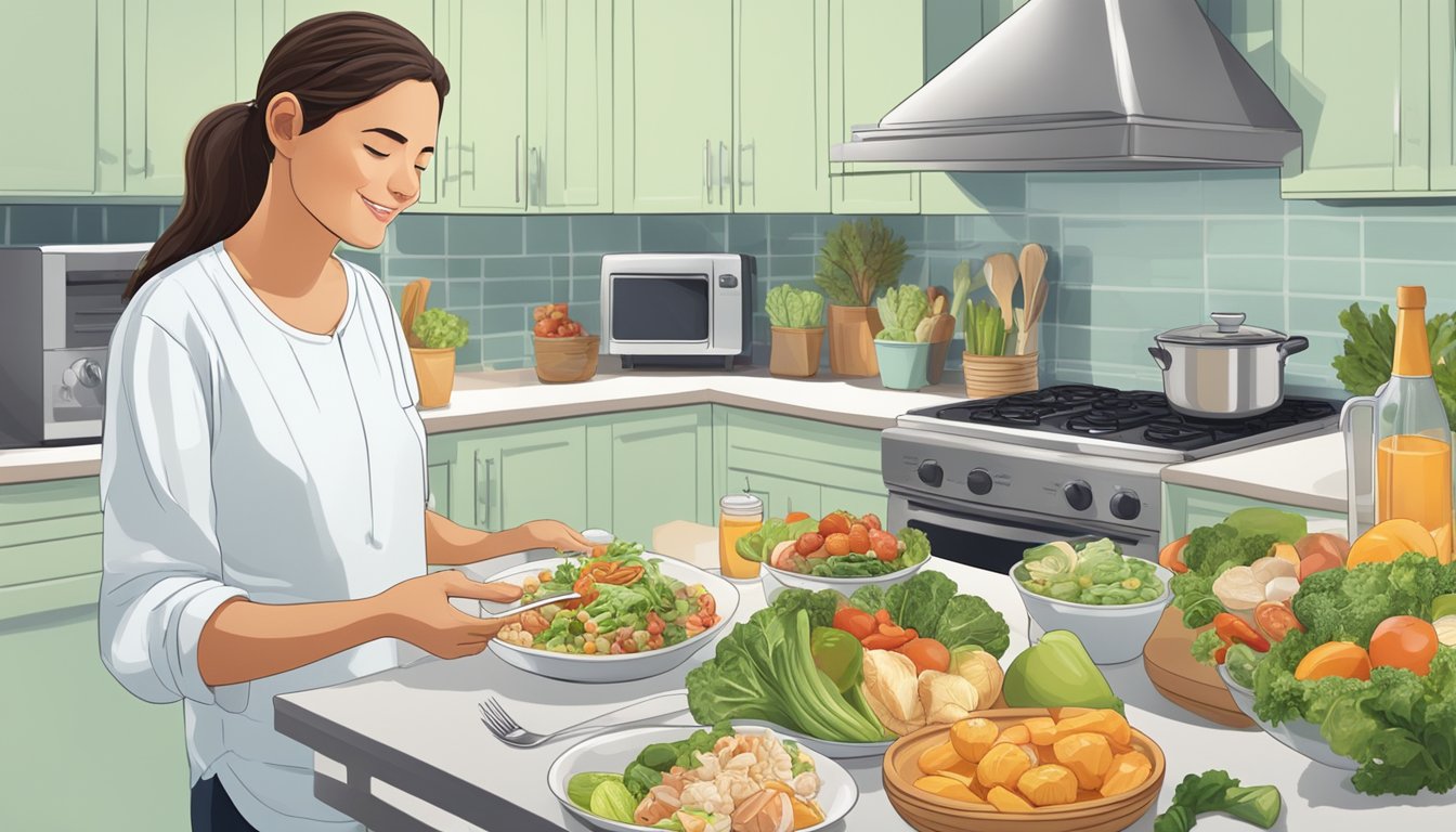 A diabetic person enjoying a meal of conch in a clean and well-organized kitchen, with a variety of healthy food options visible