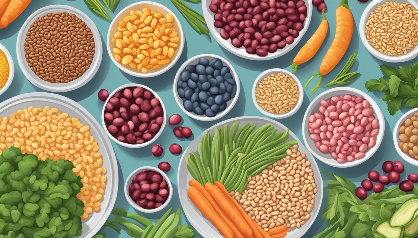 A colorful plate with a variety of foods, including cranberry beans, whole grains, vegetables, and lean protein, arranged in a balanced and visually appealing manner