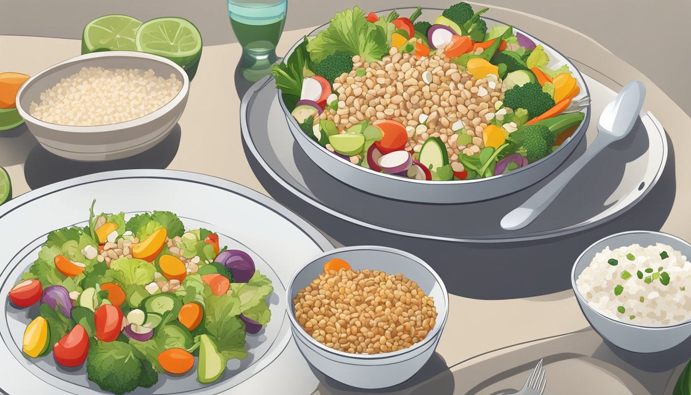 A plate of conch salad surrounded by a variety of diabetic-friendly vegetables and whole grains, with a glass of water on the side