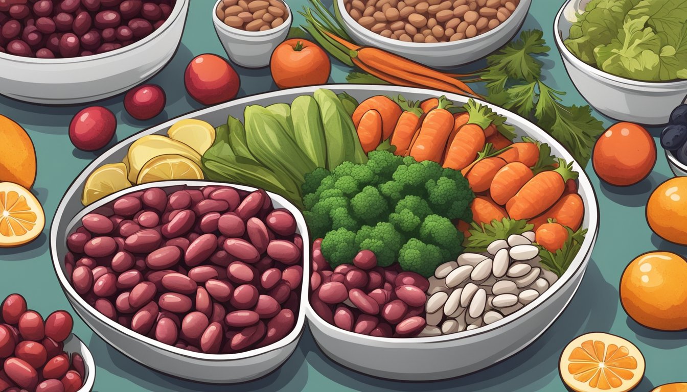 A bowl of cooked cranberry beans surrounded by various fruits and vegetables, with a diabetes-friendly meal plan and a doctor's approval in the background