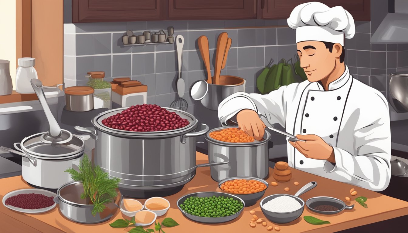 A chef adds cranberry beans to a pot of boiling water, surrounded by various cooking utensils and ingredients on a kitchen counter