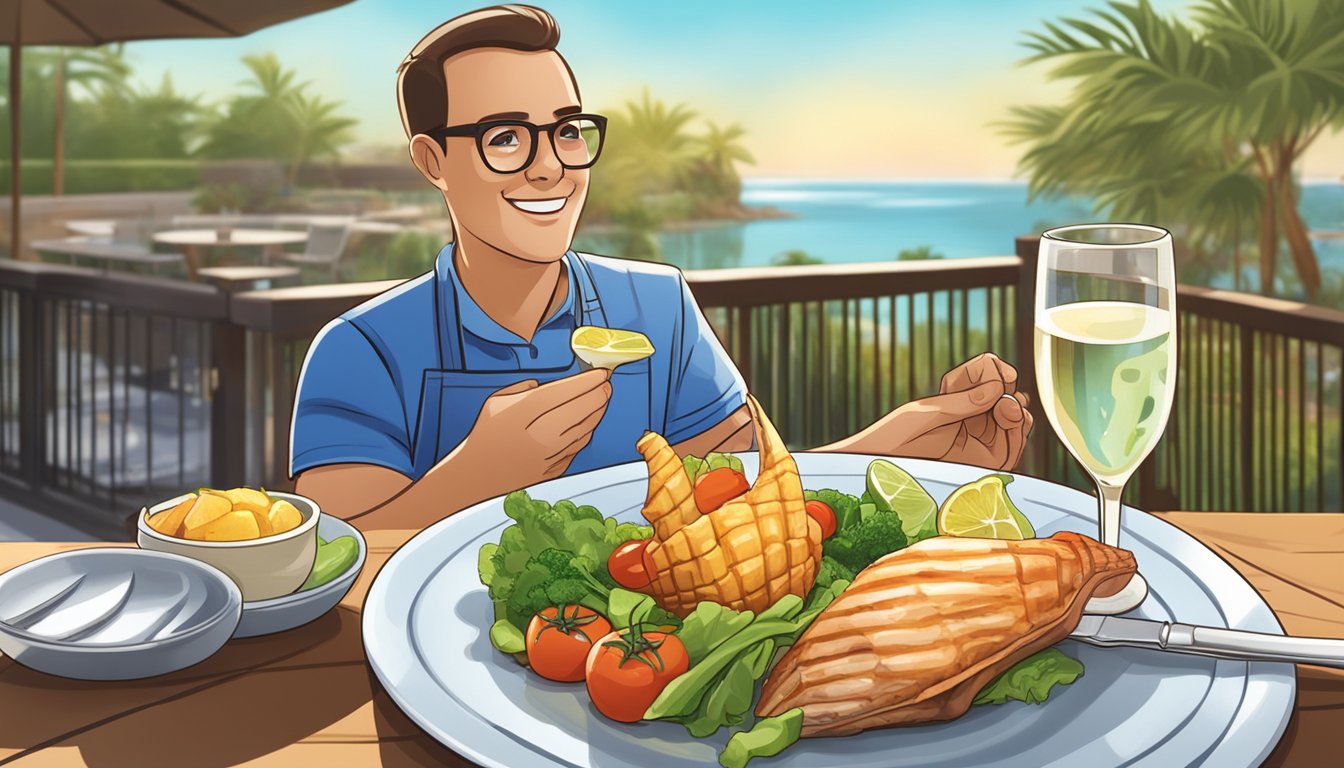 A diabetic person enjoying a plate of grilled conch with a side of fresh vegetables and a glass of water on a sunny outdoor patio