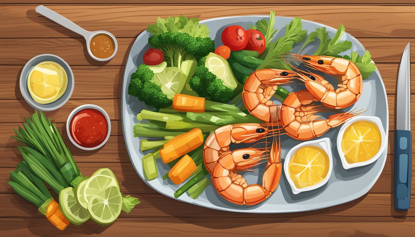 A plate of grilled shrimp and a variety of fresh vegetables arranged on a wooden cutting board, with a measuring tape and a blood glucose monitor nearby