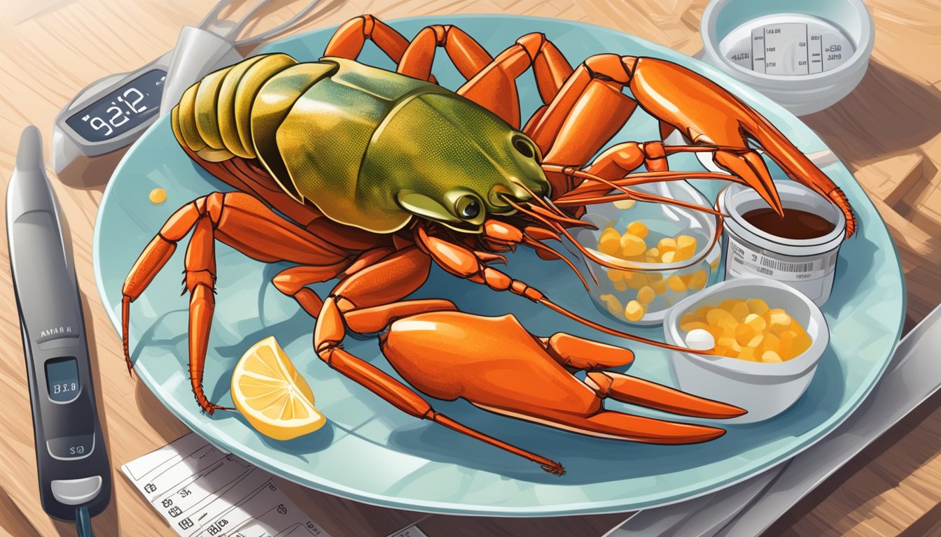 A plate of crayfish surrounded by nutritional labels and a blood glucose monitor