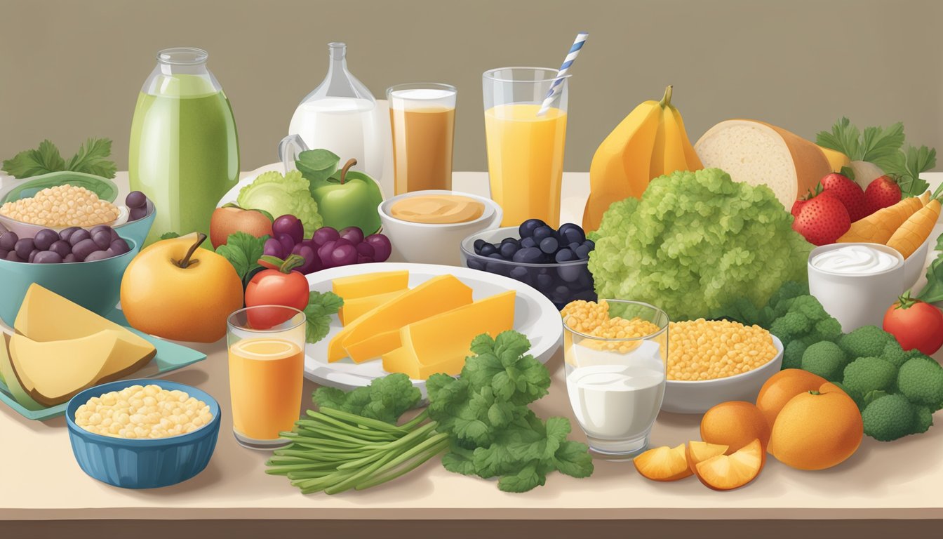 A table set with a variety of foods, including fruits, vegetables, whole grains, and dairy products like crème fraîche, with a focus on portion sizes and healthy choices