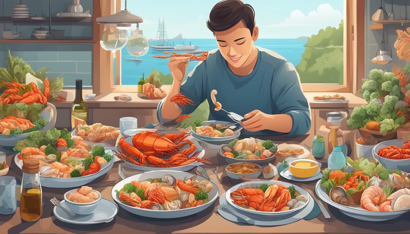 A person with diabetes enjoying a meal of crayfish and various seafood, surrounded by a variety of nutritious ingredients and a plate of freshly cooked seafood