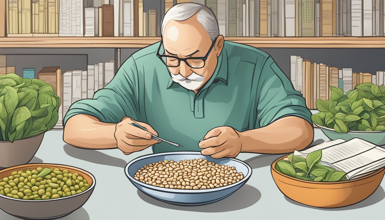 A diabetic person carefully examining a bowl of cowpeas, surrounded by various nutritional charts and health-related books