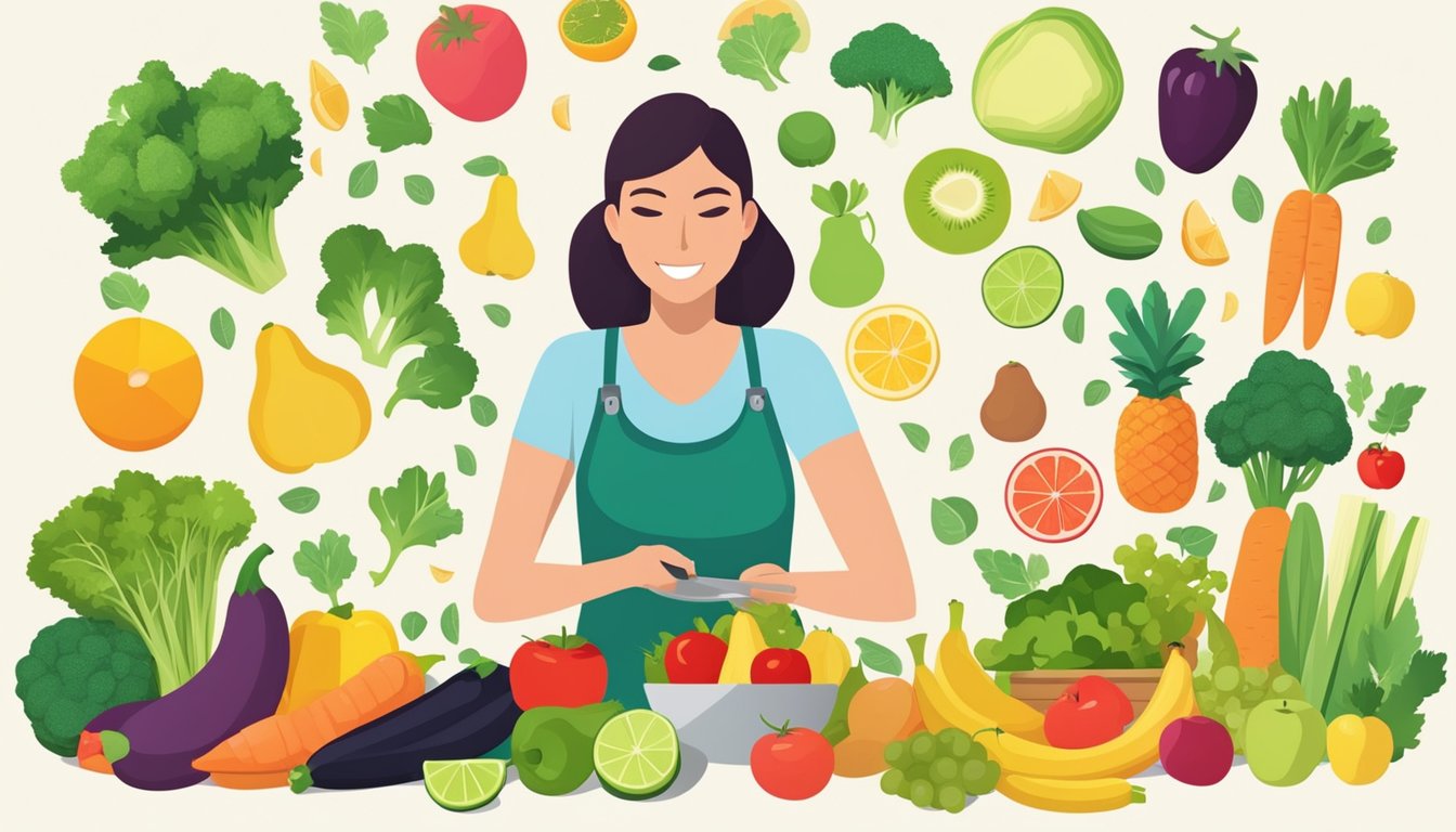 A dietician creating a meal plan, surrounded by fresh fruits, vegetables, and a variety of healthy ingredients