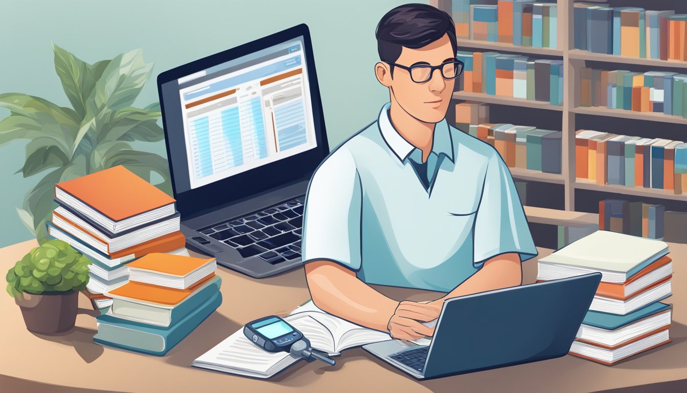 A diabetic person researching cusk and diabetes, surrounded by medical books and a laptop