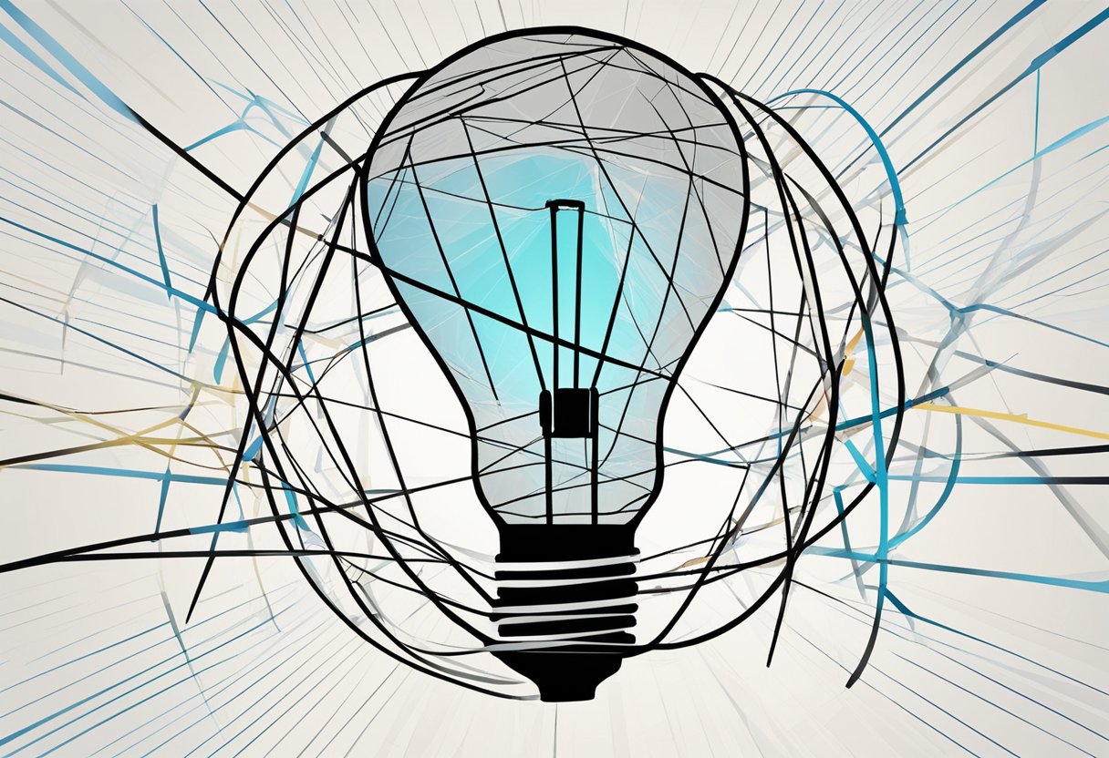 A lightbulb shining brightly above a tangled web of interconnected lines and arrows, representing the clear expression of ideas