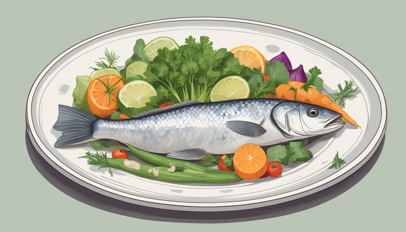 A plate with a cooked cusk fish, surrounded by various vegetables and herbs, with a nutrition label next to it