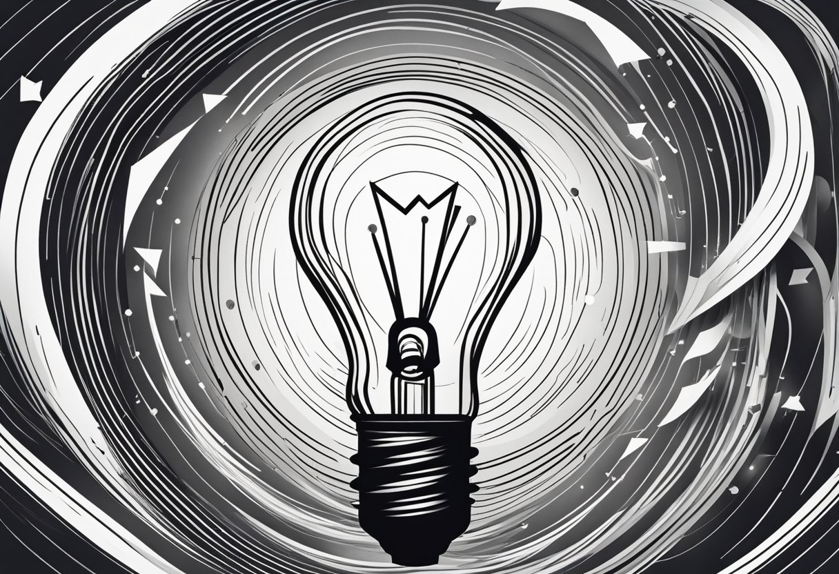 A lightbulb surrounded by swirling lines and arrows, representing the process of clear expression