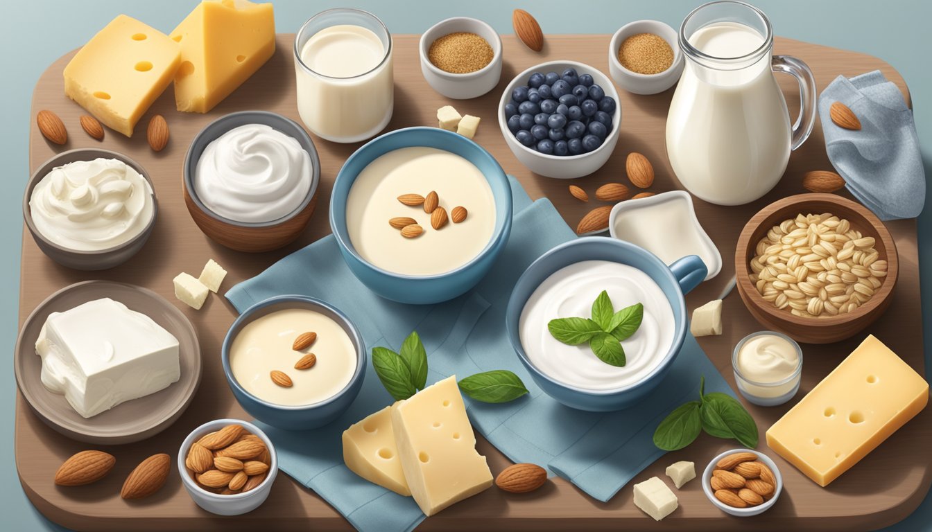 A table with various dairy alternatives and substitutes, including crème fraîche, surrounded by ingredients like almond milk, coconut yogurt, and soy cheese