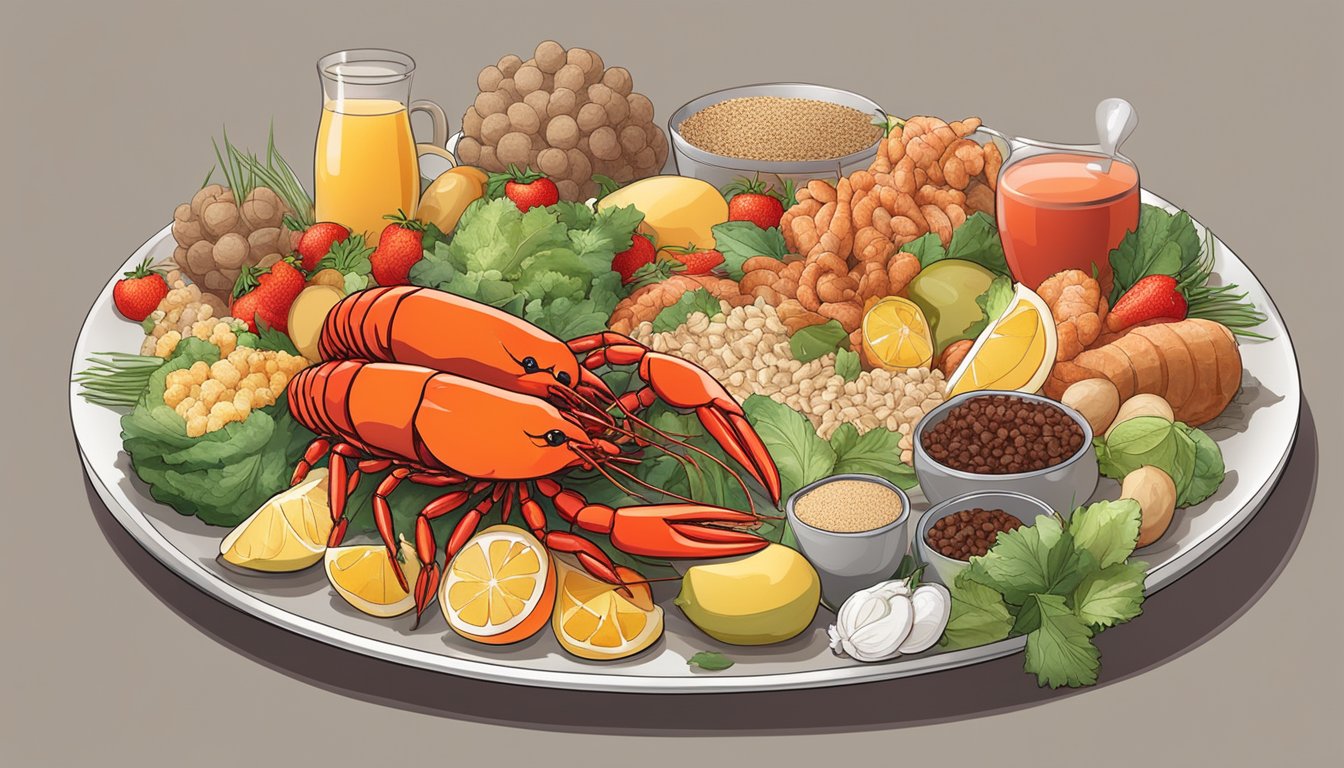 A plate of cooked crayfish surrounded by a variety of foods, including fruits, vegetables, and whole grains