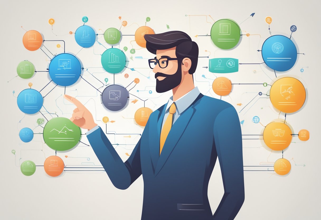 A person pointing to a clear and organized flowchart, with various arrows and diagrams connecting different ideas and concepts