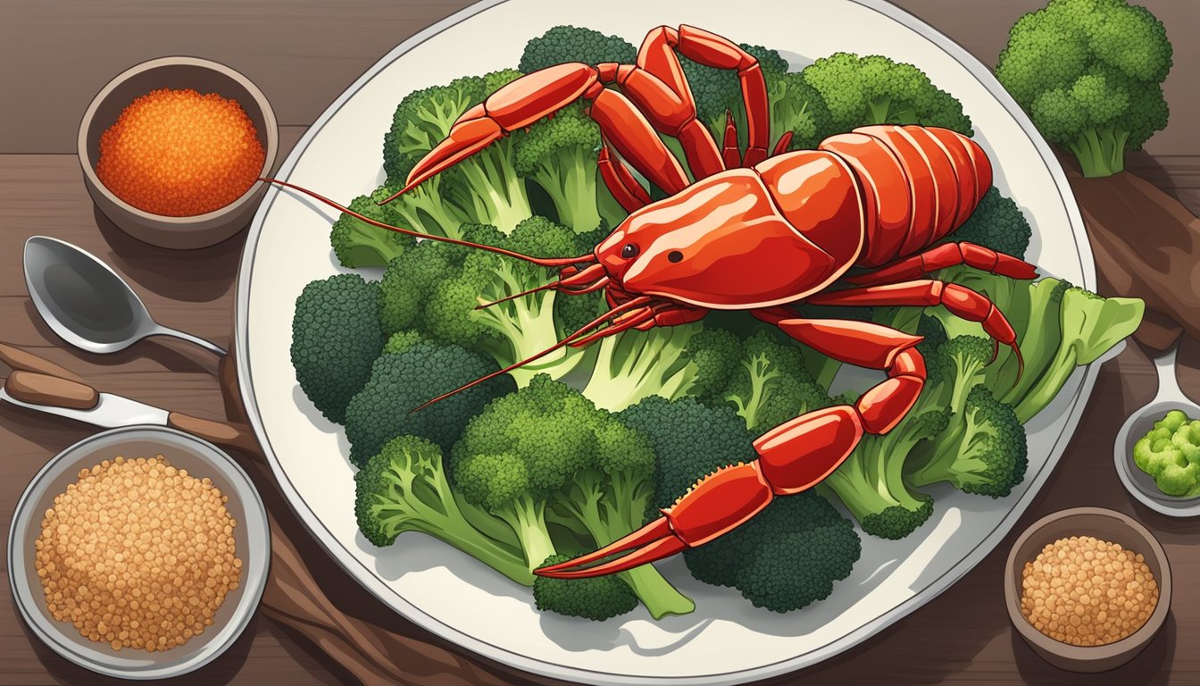 A plate of crayfish, broccoli, and quinoa arranged in a balanced meal to manage blood sugar for diabetics