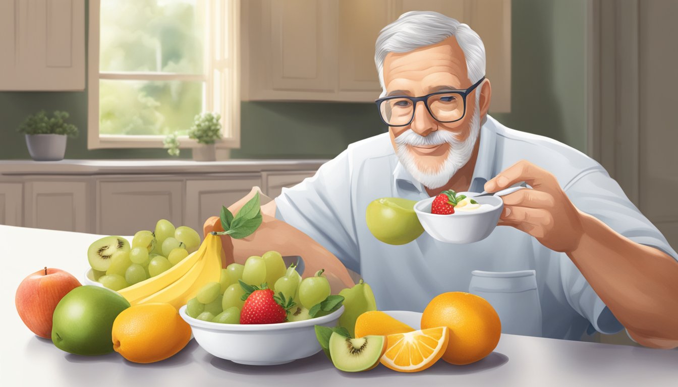 A diabetic enjoying a bowl of fresh fruit topped with a dollop of crème fraîche