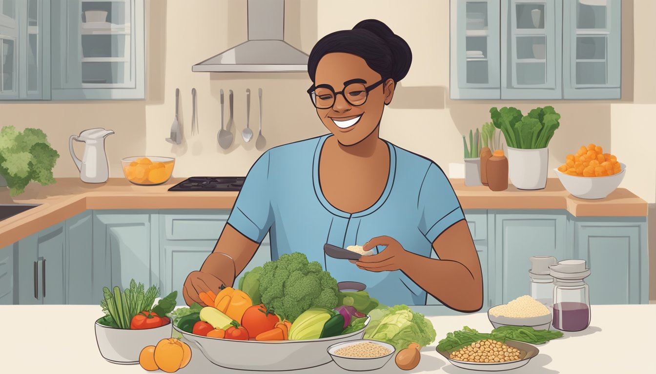 A person with diabetes happily preparing a balanced meal with cusk, vegetables, and whole grains, while consulting a nutrition guide