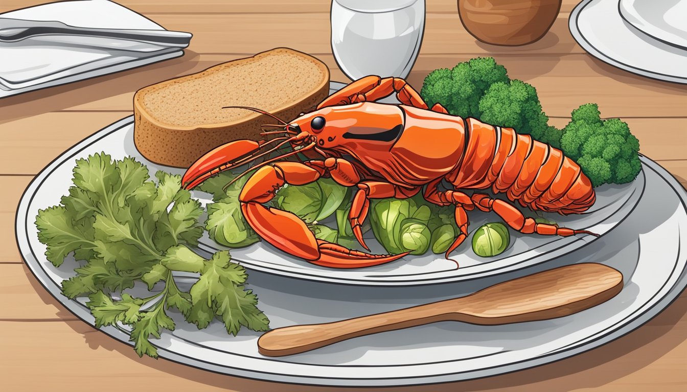 A plate of cooked crayfish surrounded by a variety of colorful vegetables and a side of whole grain bread