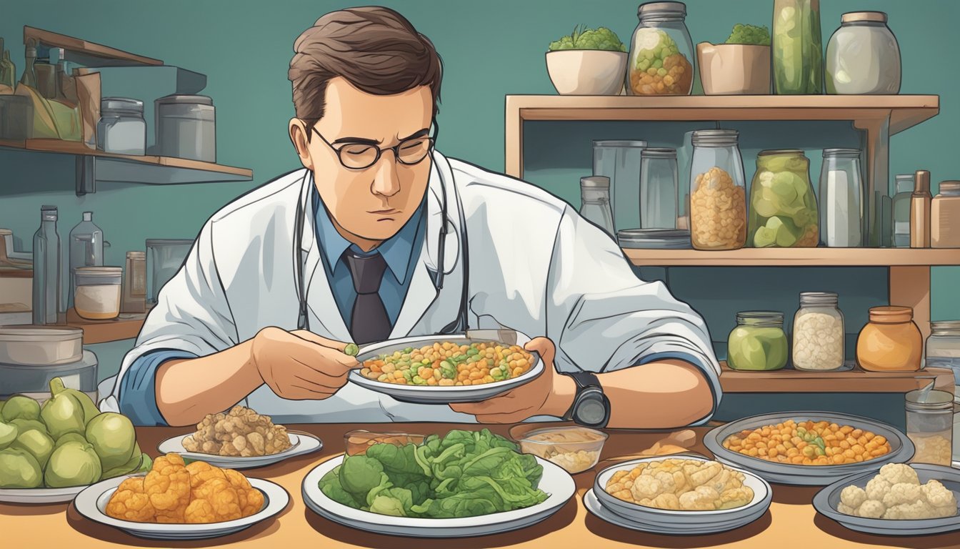 A diabetic carefully examining a plate of cusk and various food items, with a concerned expression on their face