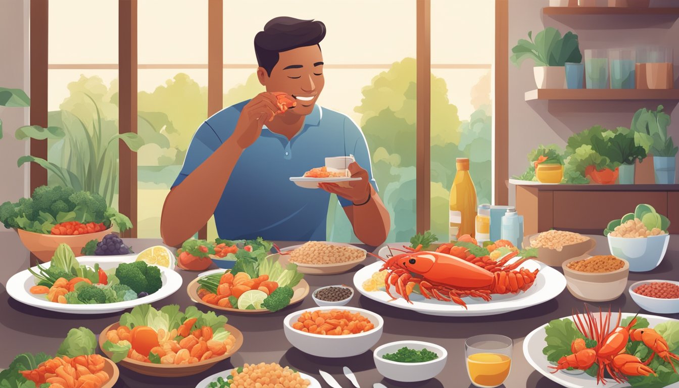 A person with diabetes enjoying a plate of crayfish alongside a variety of healthy food options such as vegetables and whole grains